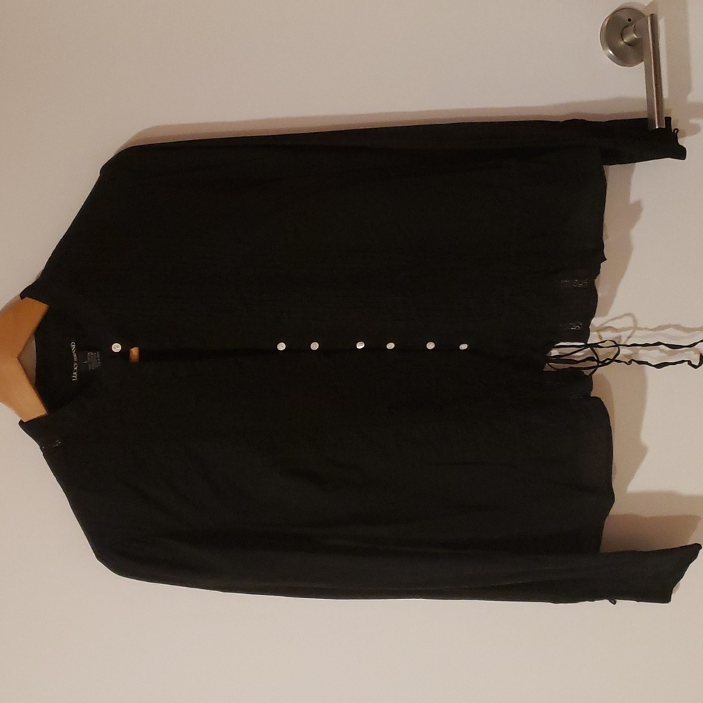 Lucky Brand blk cotton button up lace shirt long sleeve pearlescent button L